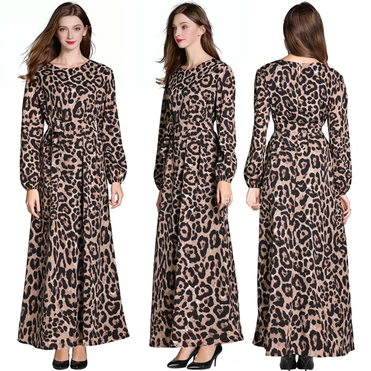 

Middle Eastern Muslim Long Skirt Chiffon Long Sleeve Ladies Sexy leopard Abaya Dress