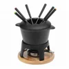 Environmental Protection Cast Iron Fondue Set With Lid And Forks with wooden base