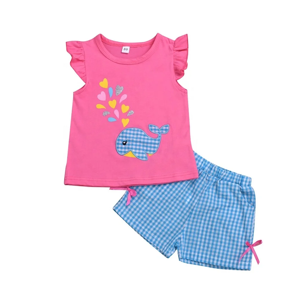 

RTS Summer Little Girl Outfits Kids Shark Top And Plaid Shorts Clothing Set Cotton Seersucker 2PCS Set, As pic