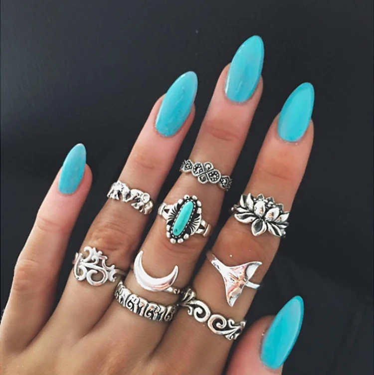 

idealway 9Pcs/set Bohemian Vintage Moon Shape Silver Gold Plated Knuckle Nail Midi Finger Metal Ring Women Ring Set