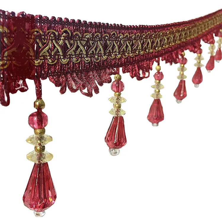 

Special price crystal beads lace fabric curtain fringe trim, bead trim