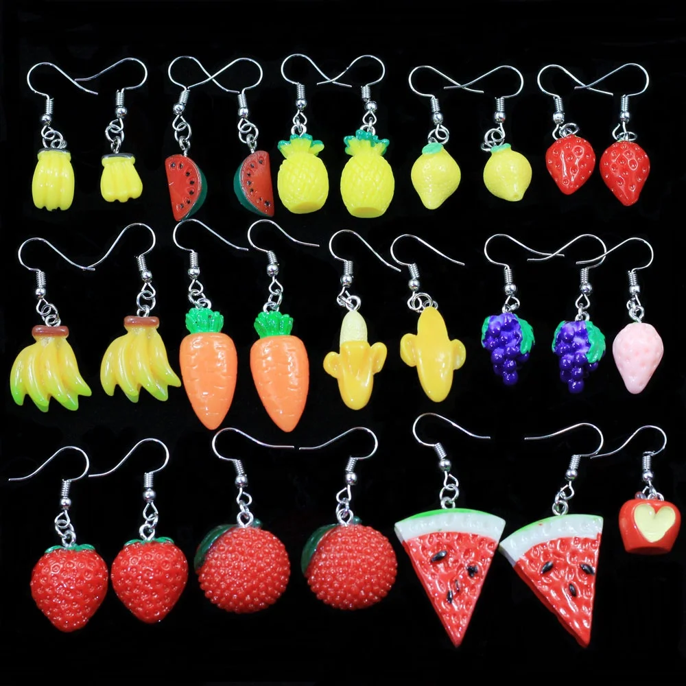 

Resin Cute Fruit Earrings Strawberry Pineapple Watermelon Kiwi Orange Cucumber Dragon Apple Banana fruit Earrings Dainty Gift, Same with photos