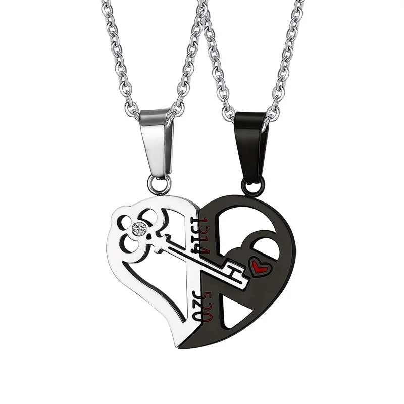 

Romantic Couples Heart Key Crystal Pendant Her & His Love Necklace Set Lover Valentine Stainless Steel Chain