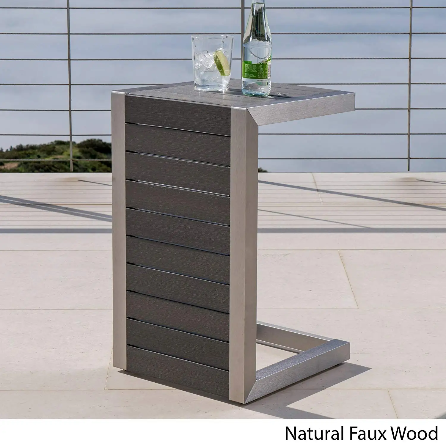Contemporary Modern Cape Coral C-Shaped End Table Aluminum Wood Wicker (Natural Faux Wood C - Shaped Table)