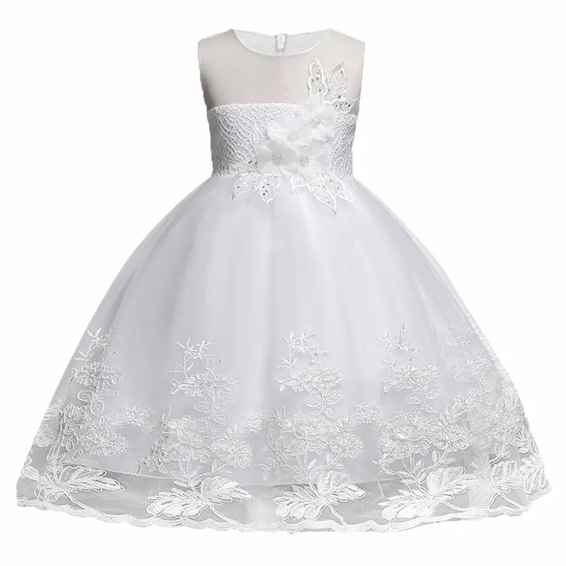 

Summer Girls Embroidered Pearl Floral Evening Wedding Party Princess Prom Dresses Flower Girl Dresses for Kids, As picture