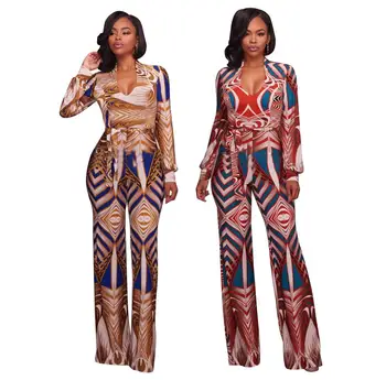 Wholesale Sexy V Neck Wide Leg Ladies African Print Jumpsuits With Belt ...