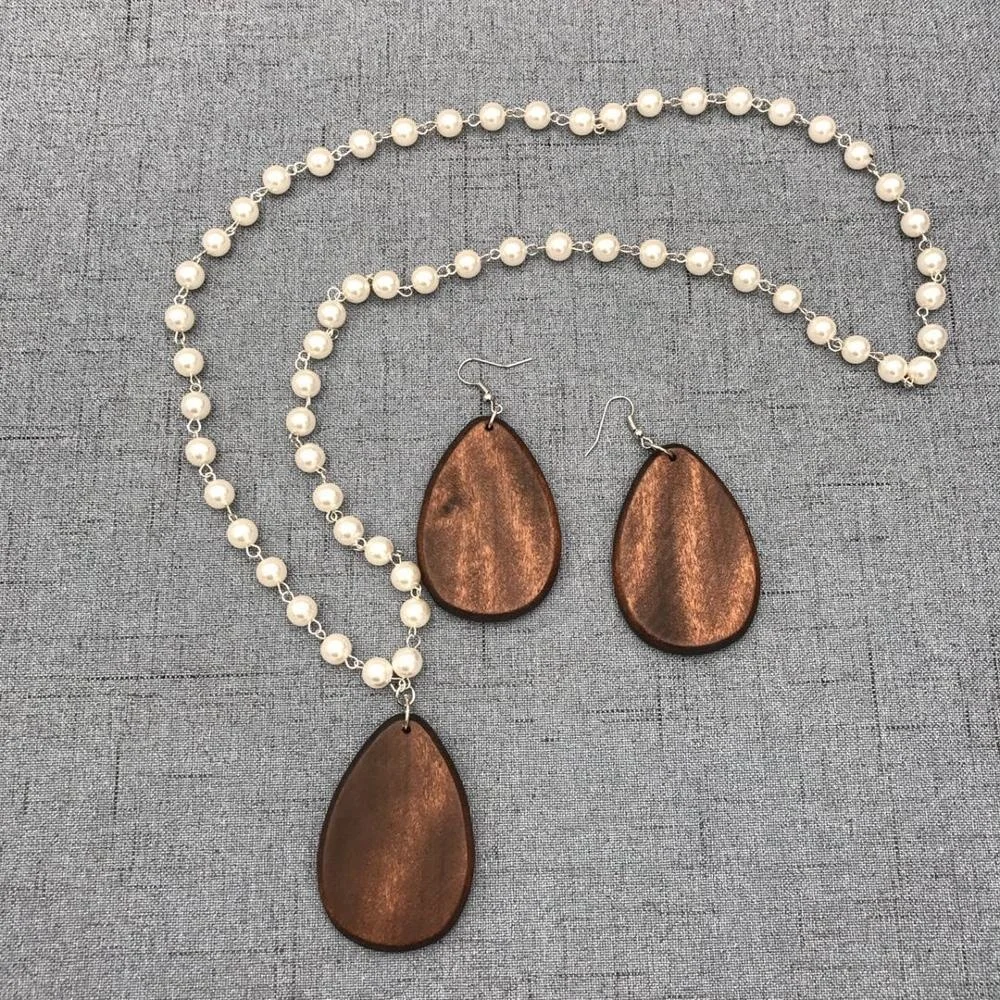 

CHEAP ARTIFICIAL PEARL CHAIN WOOD TEARDROP PENDANT NECKLACE SET