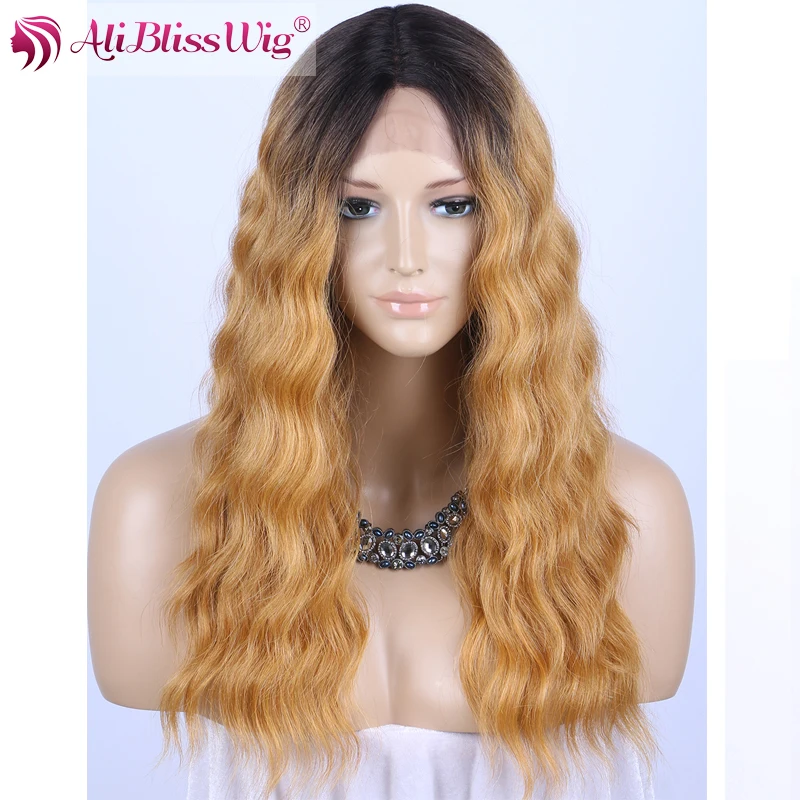 

Heat OK Fiber Water Wave Middle Part Deep Parting Dark Brown Roots Ombre Blonde Lace Front Synthetic Wig for African Americans