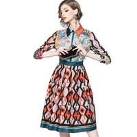 

European and American Women Fashion Brand New Pattern Print Long Sleeve A Line Printing Dress Fit and Flare