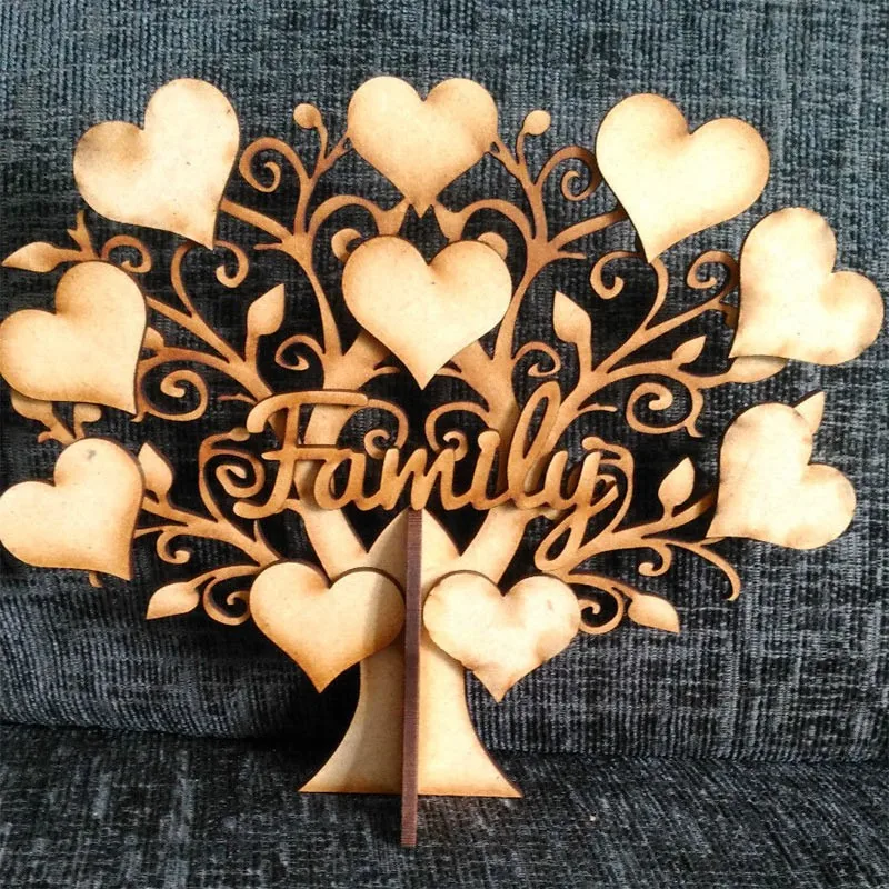 MDF Wooden Family Tree Set with Hearts Word & Banner Craft Blank ROUND STAND KIT 