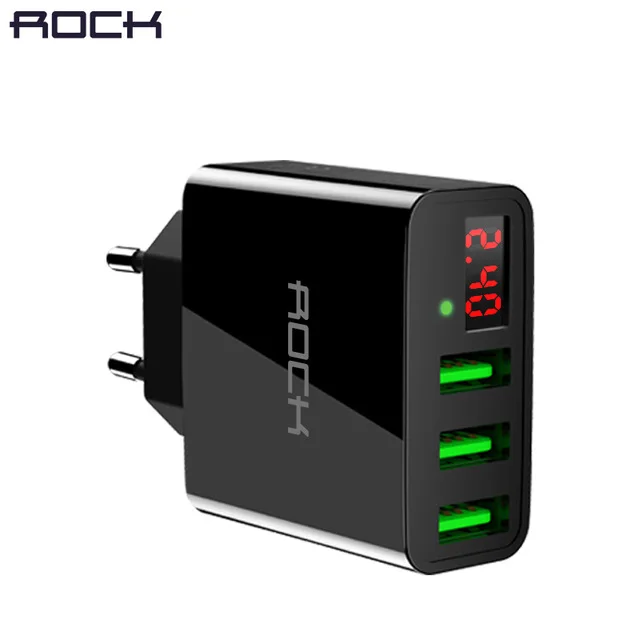 

T14 3 Ports Travel Usb Charger ROCK 2.4A Smart Digital Display Fast Charge Phone Charger For iPhone Samsung Mobile Phone, Black;white
