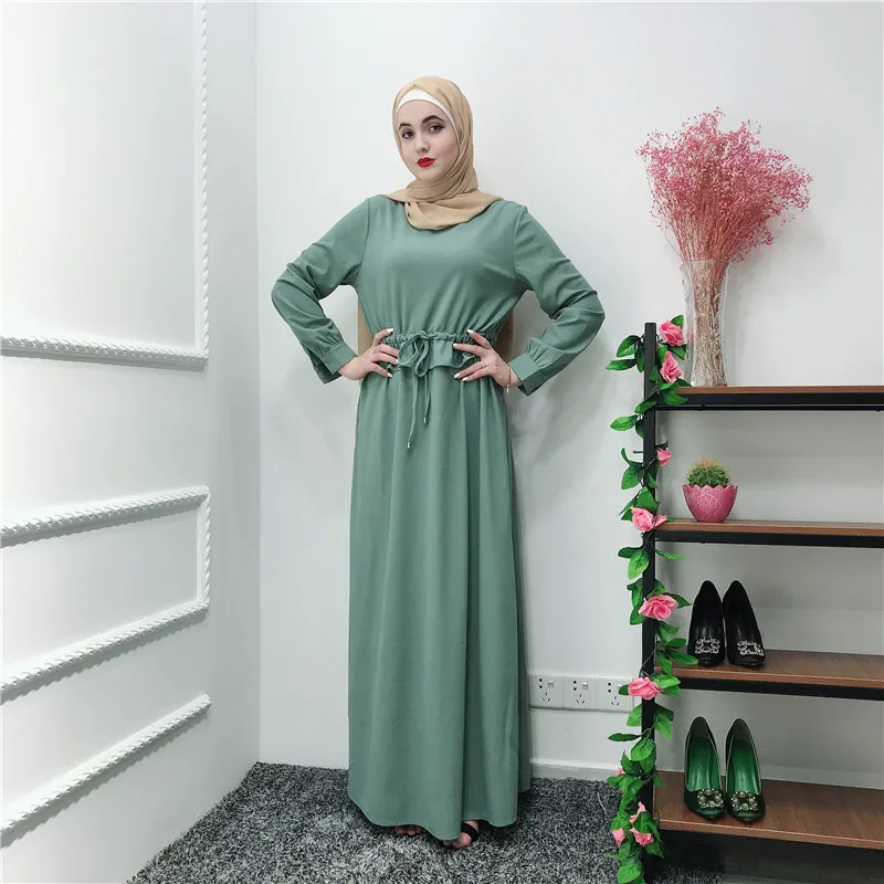 

2019 new design green muslim women long sleeve kaftan maxi dress fixed belt, Black
