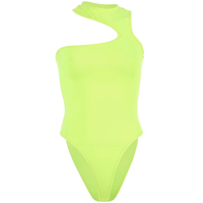 

Summer One Shoulder Off Bodysuit Woman Sleeveless Halter Body Women Neon Green Black Sexy Bodycon Jumpsuit Summer