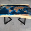 ,Modern Epoxy Resin Walnut Wood world map River Table with Steel Metal Legs