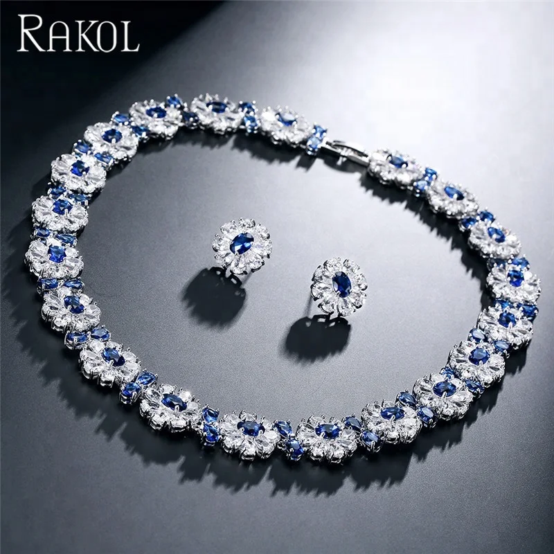 

RAKOL S240 Luxury AAA CZ zircon Crystal Stone Flower Chain Necklace Earrings Wedding jewelry Set, As picture