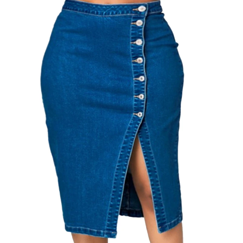 

2019 latest summer fashion women's Elastic Split High Waist Package Hip denim Skirt high waist skirt button, Blue