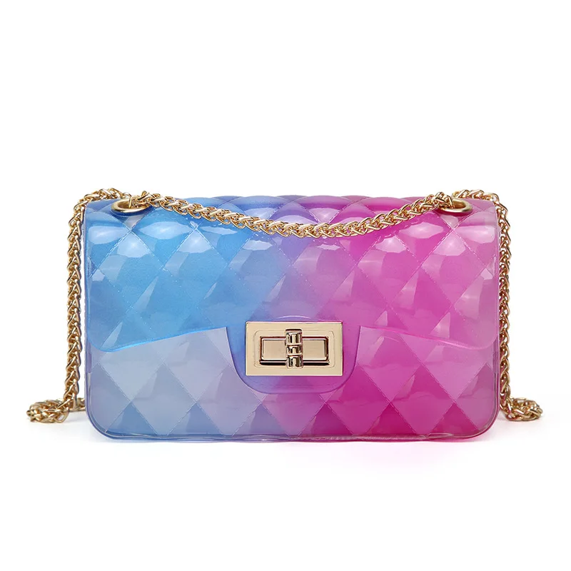 

New design women fashion purse and handbags lady chain shoulder bags transparent clear pvc jelly bag, Rainbow