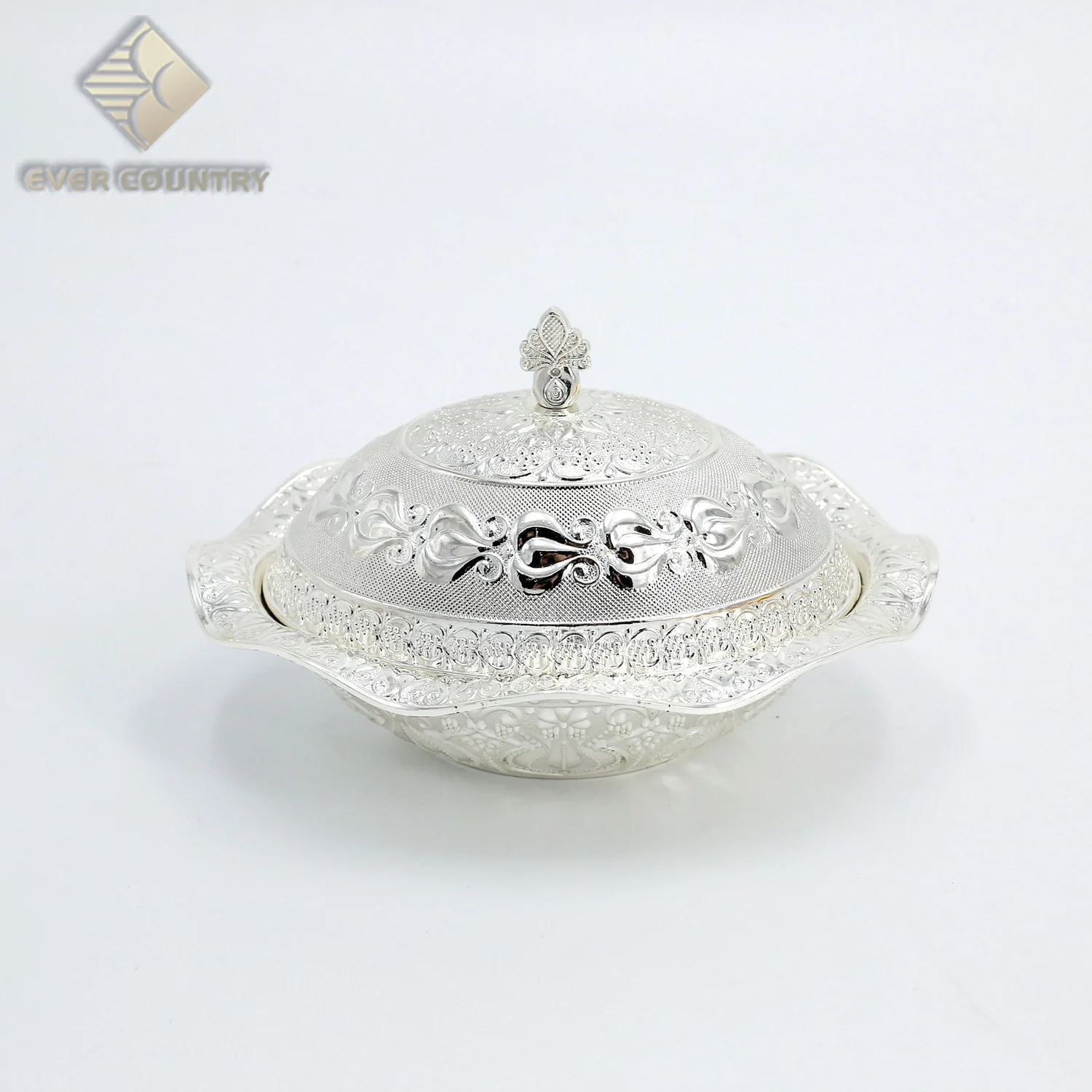 

Tulip Design Metal Gold Plated Oval Shape Arabic Dates Bowl Snack Dish With Cover, Gold, silver