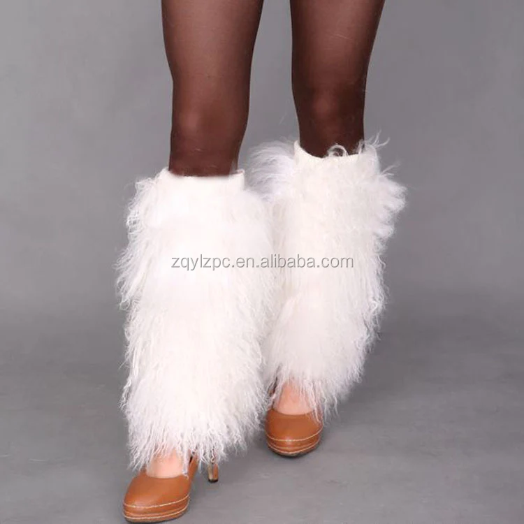 

Mongolian curly sheep fur boot cover Tibetan real lamb fur leg warmer for women, White or black or custom color