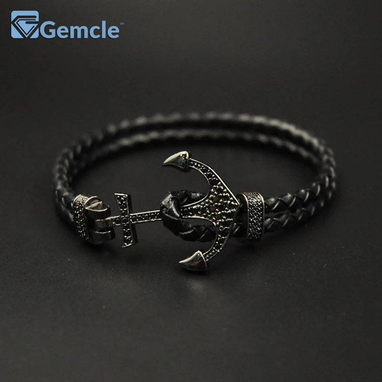 

GC-BC0086 Micro Pave Cz Leather Big Anchor Charm Braided Rope Bracelet For Men Or Women, Gunblack;rose gold;silver;gold;or customized