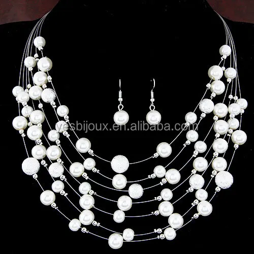 

multi-layer pearl wedding necklace set multi strand bohemian jewelry set