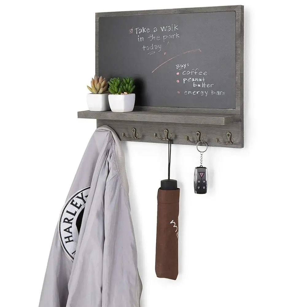 
Home Decor Rustic Style Wood Wall Mounted Chalkboard Message Board with Key Hooks 