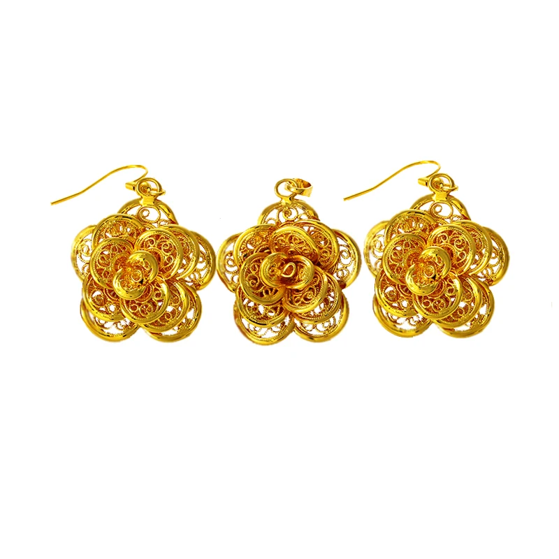 

xuping jewelry high quality hollow 24k gold plated golden rose wedding jewelry set for women