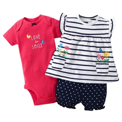 

cotton ruffled baby romper set 3pcs infant boys girls tops clothing summer 100% cotton printing with good quality, As pic shows;we can according to your request also