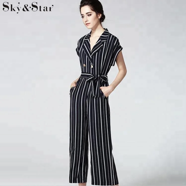 

Classic Stripe Cap sleeves Turn-back Collar Jumpsuit For Ladies, Black & white;and more color as customer required