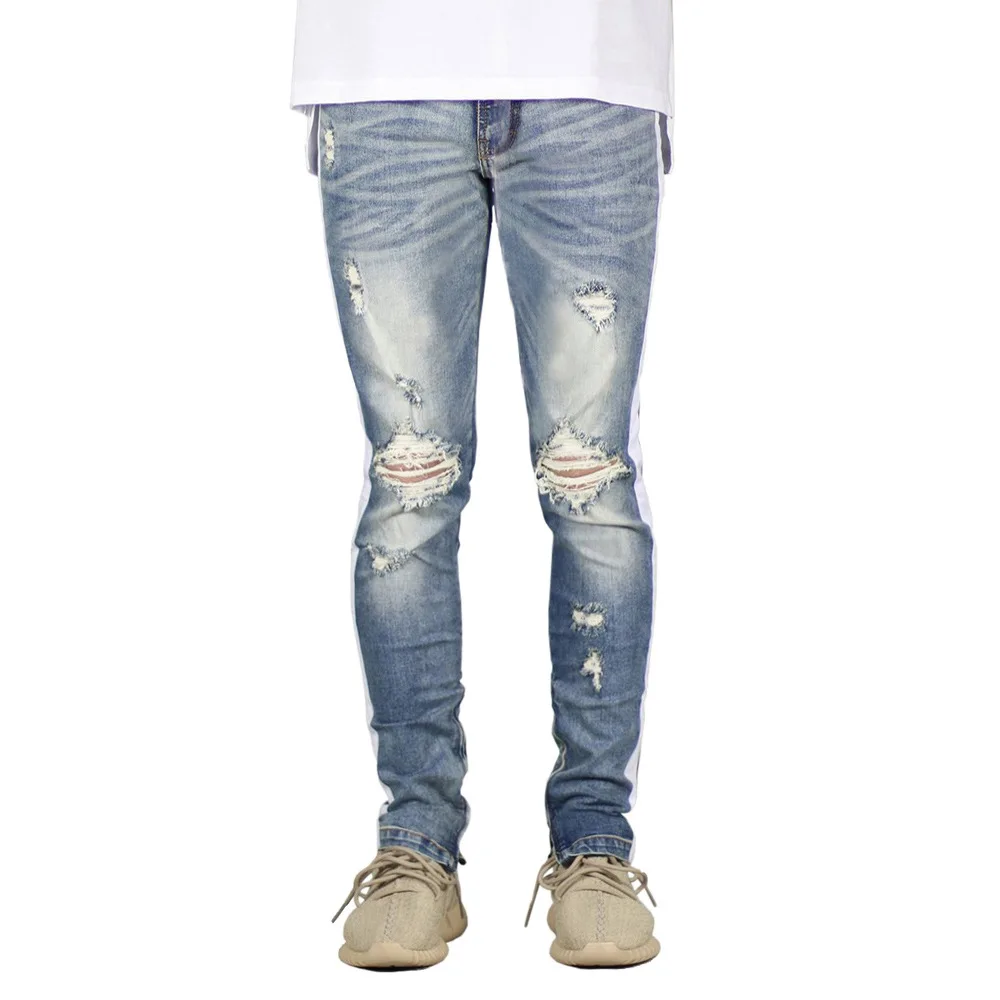 

55651 Men Fashion White Striped With Big Hole Stretch Slim Denim Jean Pant