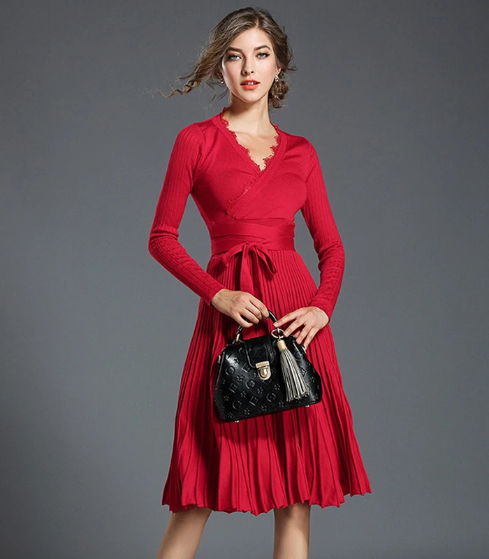 

V neck spring casual elegant lady fashion sexy pleated wrap dress