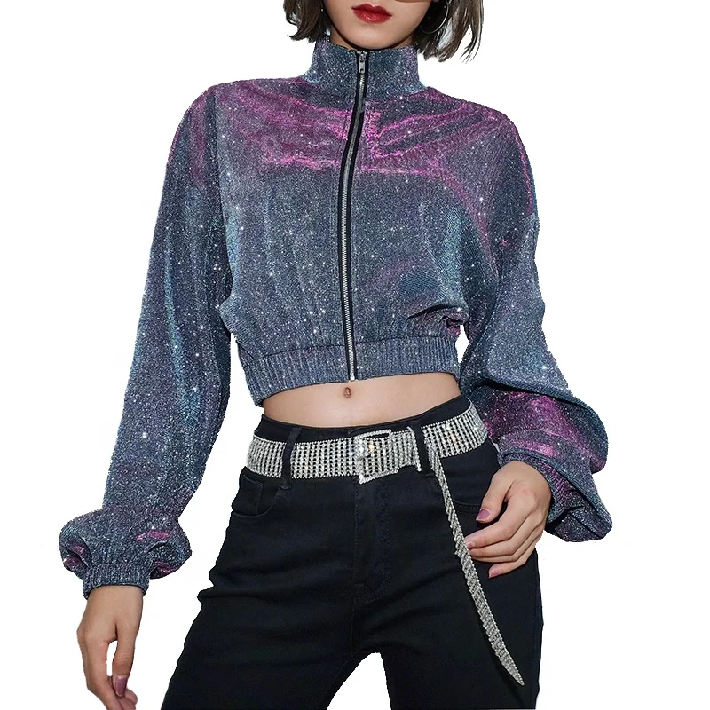 

Women High Neck Long Sleeve Zipper Short Bling Metallic Jacket, Dark blue