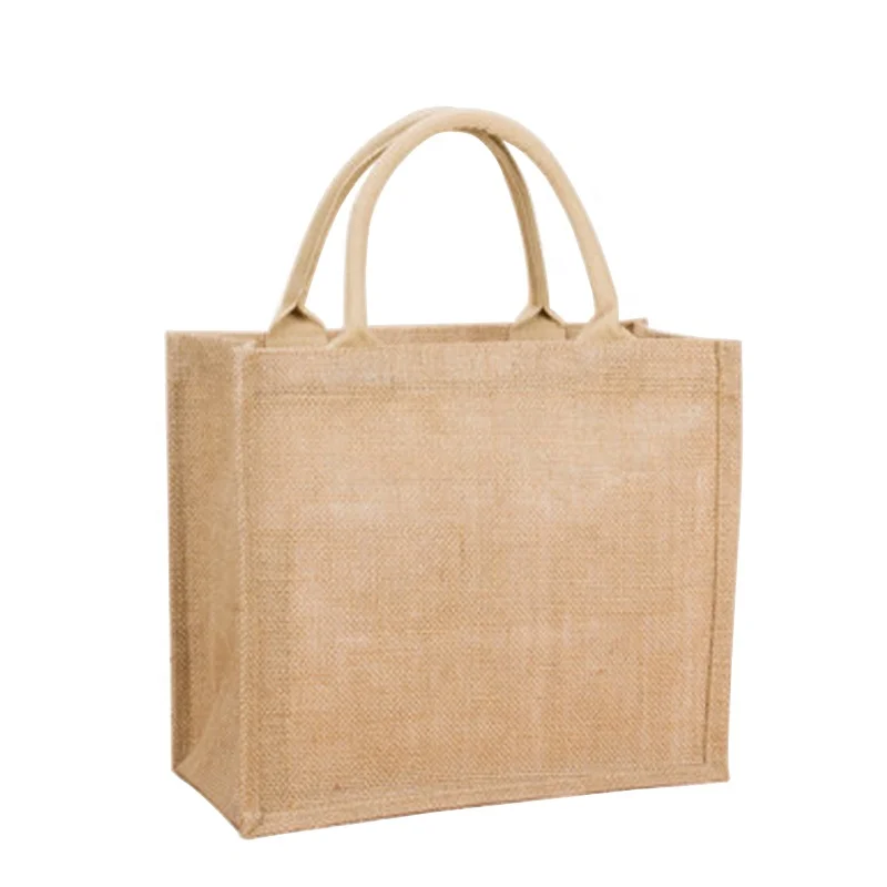 

Natural Eco-friendly Large jute tote bag reusable recycled foldable jute shopping bag with leather handles, Natural burlap