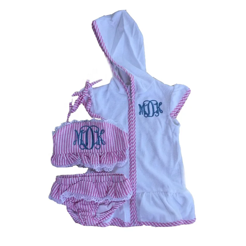 

Hot Sale Kids Monogram Seersucker Swimsuit Set Beach Coverup, Customzied