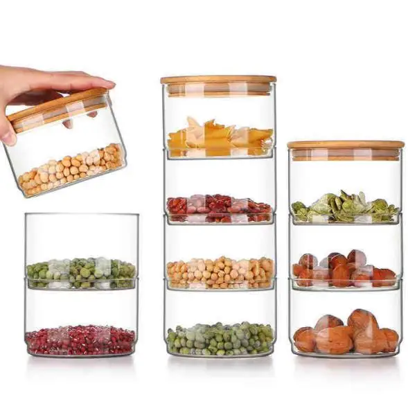 

Wholesale airtight sealed stack glass storage jar with bamboo lid for kitchen assortment use