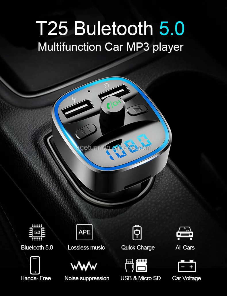 Agetunr T25 Bluetooth 5.0 Car Fm Transmitter Microsd Card/u-disk
