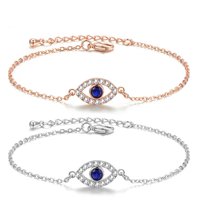 

Evil Eyes Jewelry Thin Link Chain Crystal Bracelet Rose Gold Plated Blue Evil Eyes Bracelet for Women