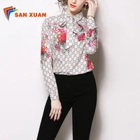 

Best Selling new arrivals summer fashion vintage floral print long sleeve tie bow women promotional custom polo summer shirt