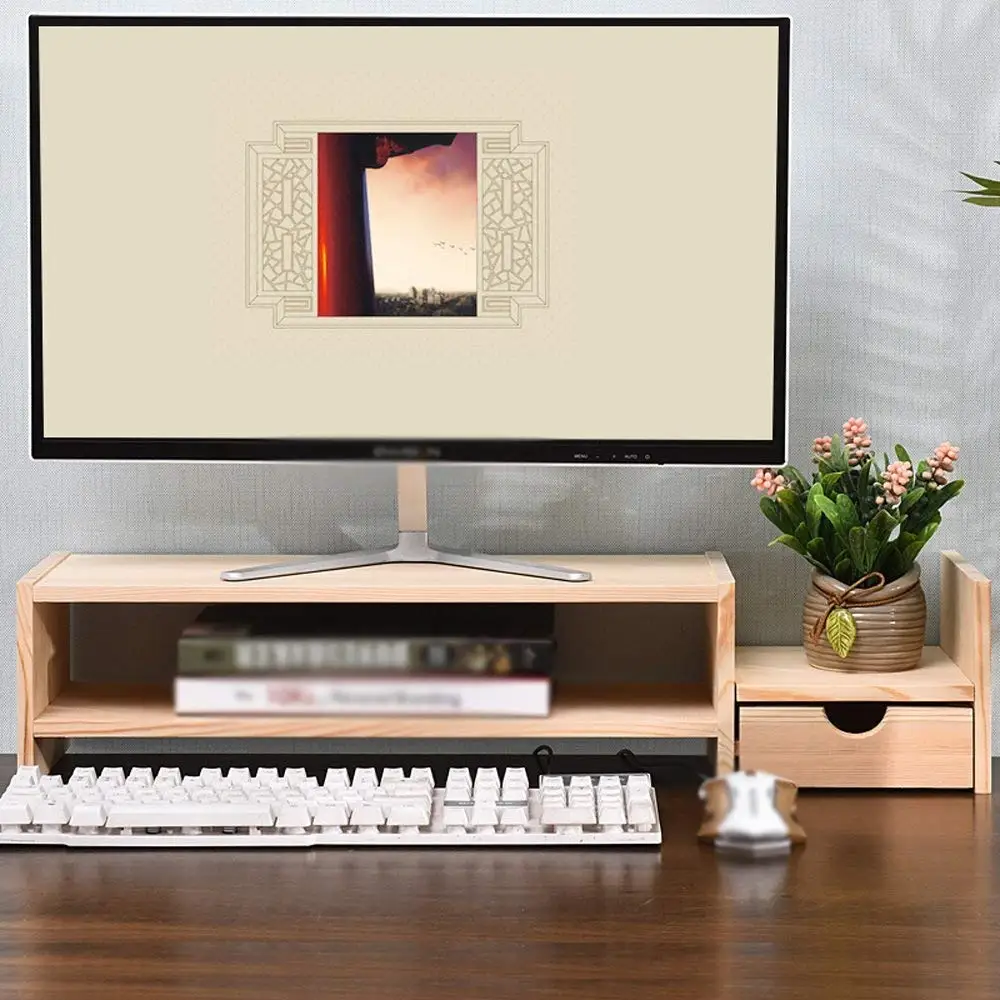 LQQGXL Storage and organization Solid wood computer monitor stand TV screen bracket, desktop storage rack wood color
