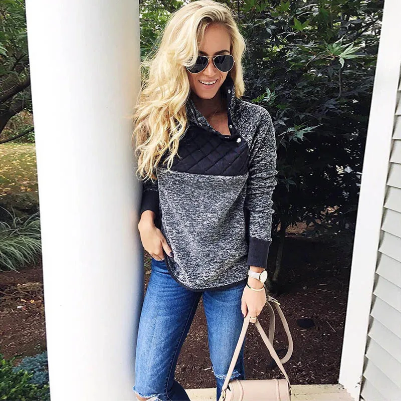 

Women' Warm Long Sleeves Oblique Button Neck Splice Geometric Pattern Fleece Pullover Coat Sweatshirts Outwear, Picture