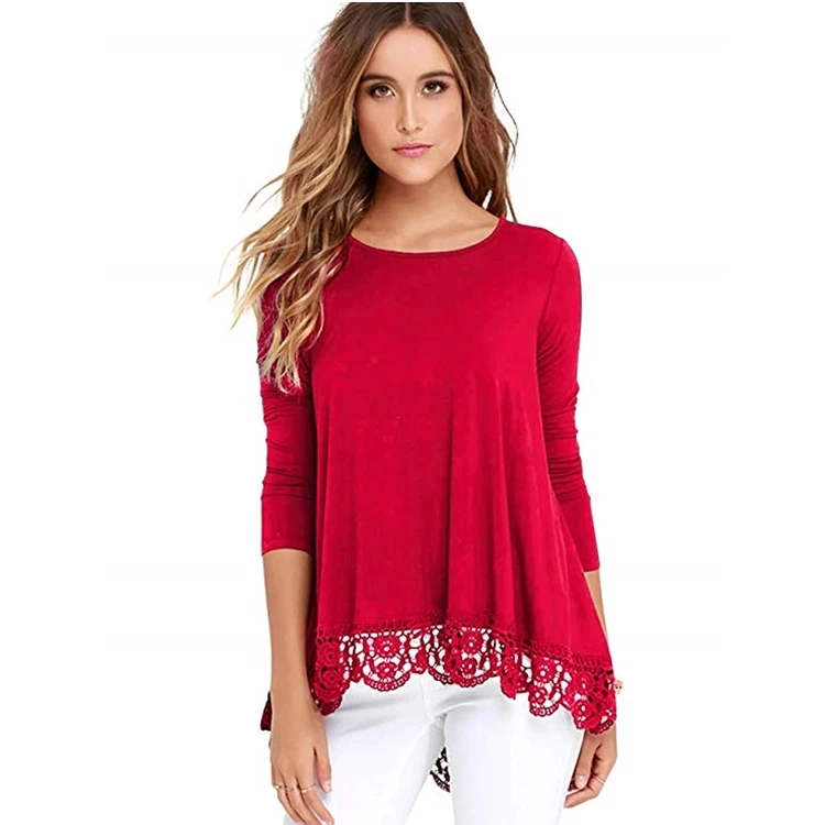 

Women Plus Size Loose Long sleeve Knit Blank Pullover Long Tunic Tops With Lace