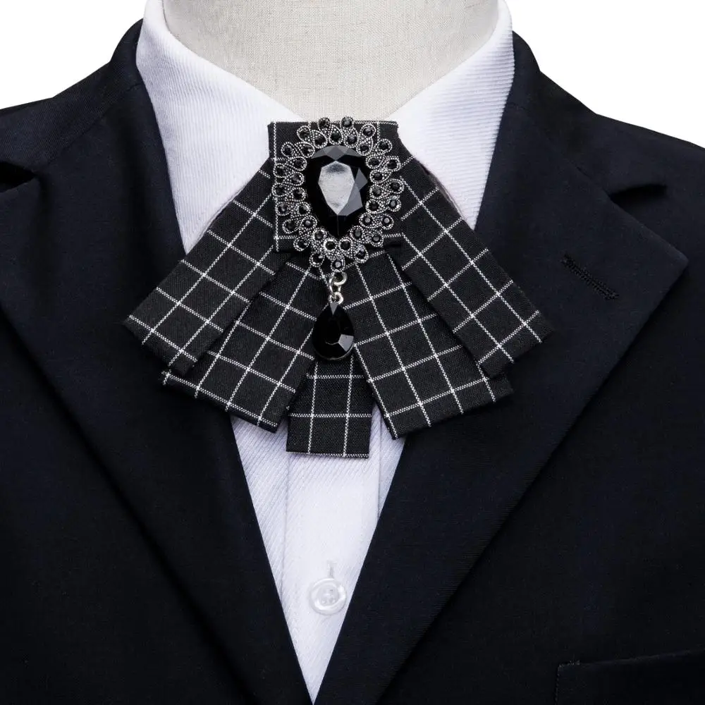 

High Quality Rhinestone Black Plaid Ribbon Bows Brooch Broches For Men