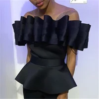 

Fashion Sexy Off Shoulder Ruffle Slash Sleeve Party Wear Pleated Blouses Female