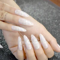 

UV Plastics Nails Super long White Clouds Pointed Press On Nails False Nail Tips Light Color Full Wrap 24pcs with Glue sticker