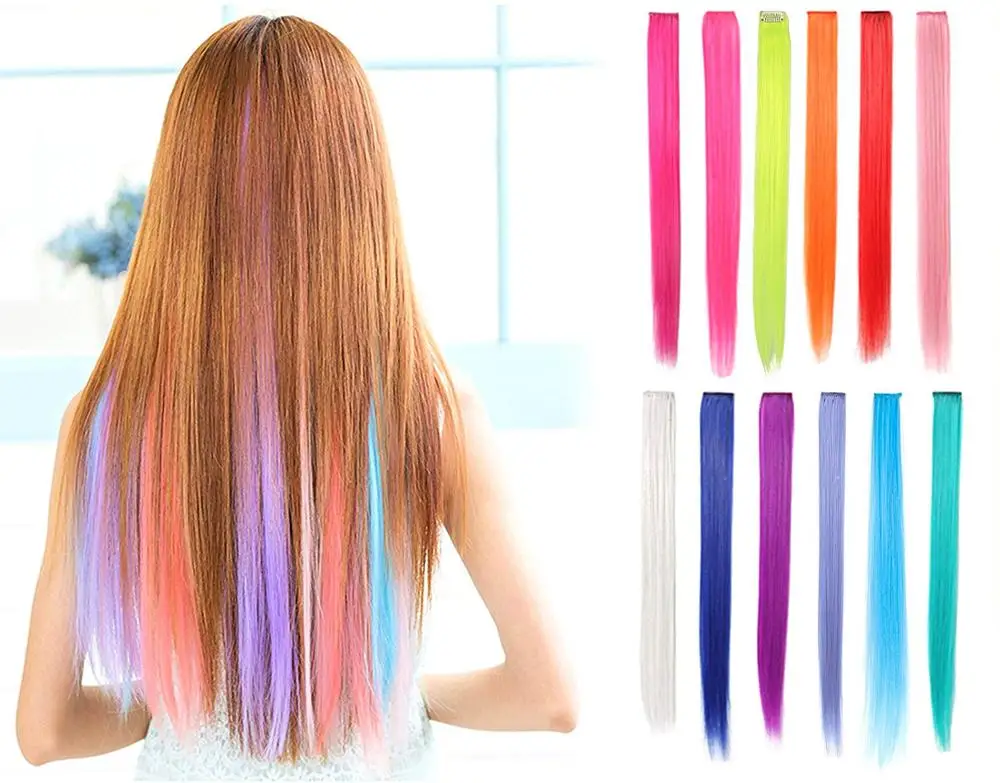 

22 Inch Colored Party Highlights Straight Hair Clip Extensions Heat Resistant Synthetic Hair Extensions in Multiple