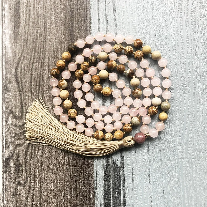 

ST0597 Yoga Mala Beads 108 Necklace 8mm Picture Jasper And Rose Quartz Knotted Necklace Handmade Tassel Necklaces Yoga Jeweley, As picture