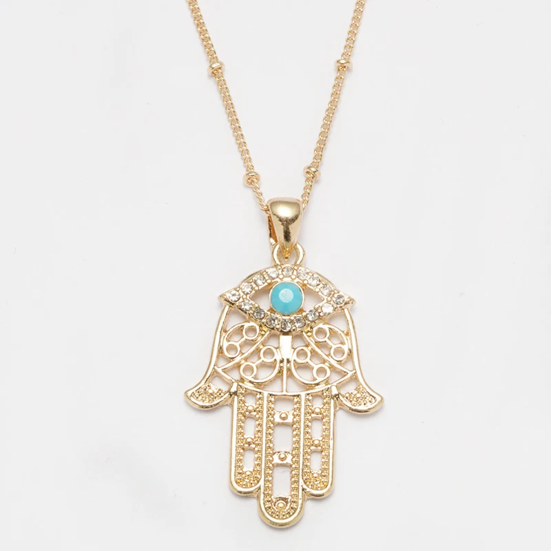 

Gold Plating Zinc Alloy Rhinestone Hamsa Hand Turkish Evil Eyes Necklace