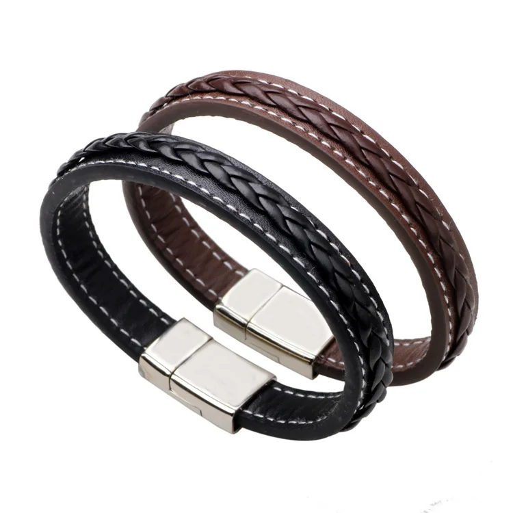 

fashion european punk style black brown braided stainless steel buckle genuine leather bracelet men, Brown, black