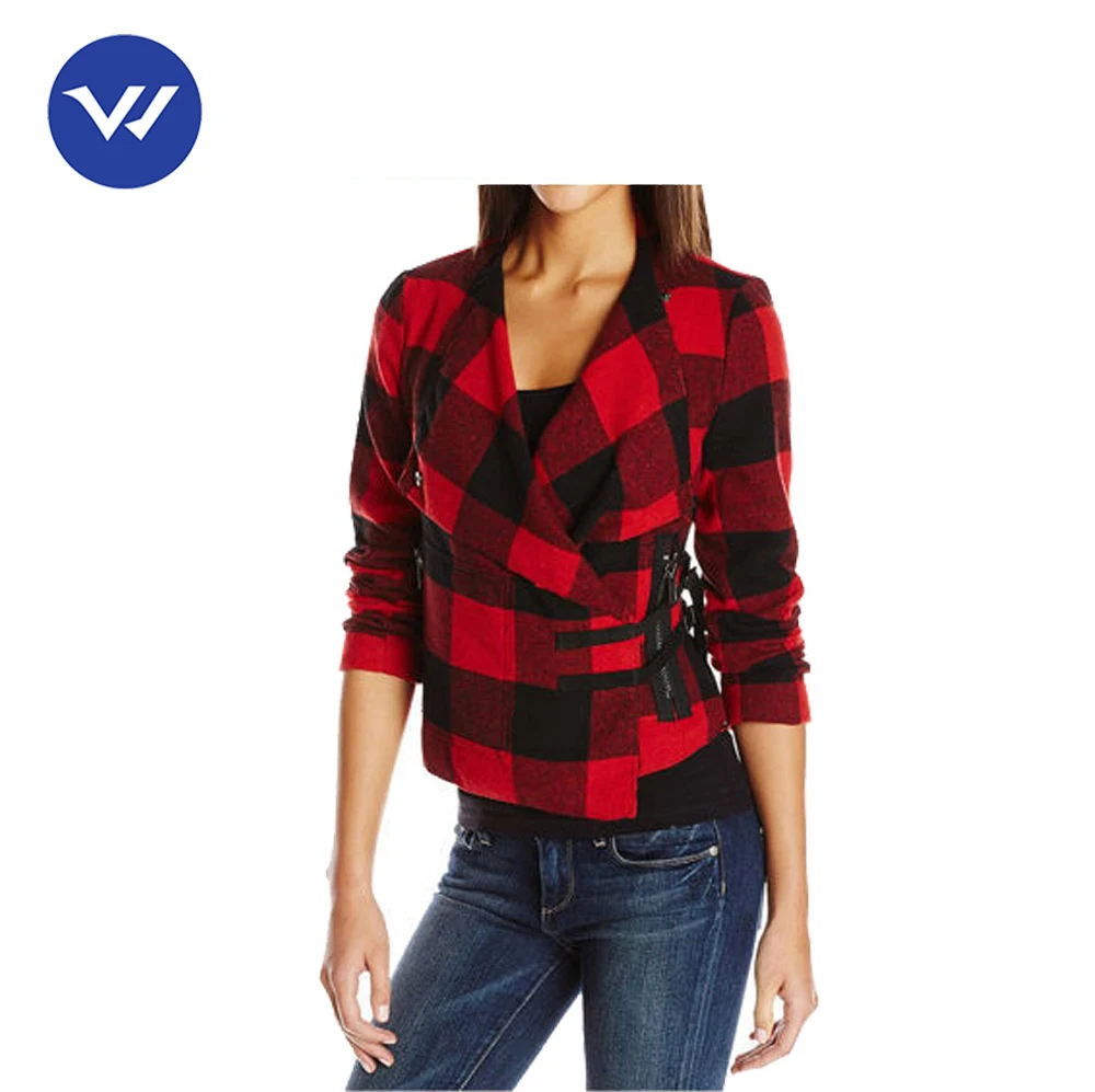 Fashion Fitted Design Wholesale Women Zip Up Plaid Tweed Jacket