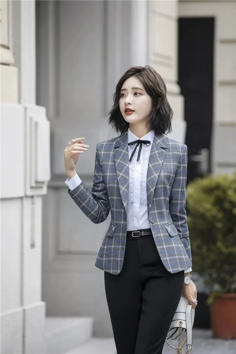 Tweed Grey Plaid Blazers Damas Mujeres Women Office Formal Suit Blazer ...